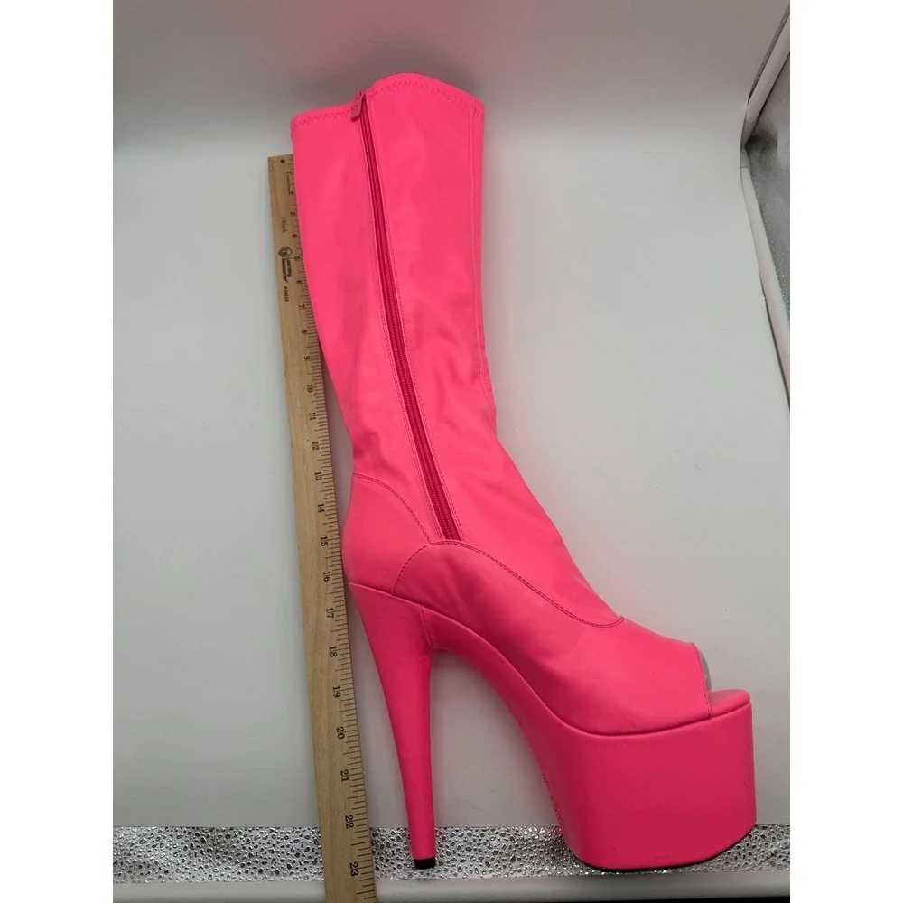 Ellie Neon Pink Peep Toe Platform Boots Knee High Stiletto Heel 11